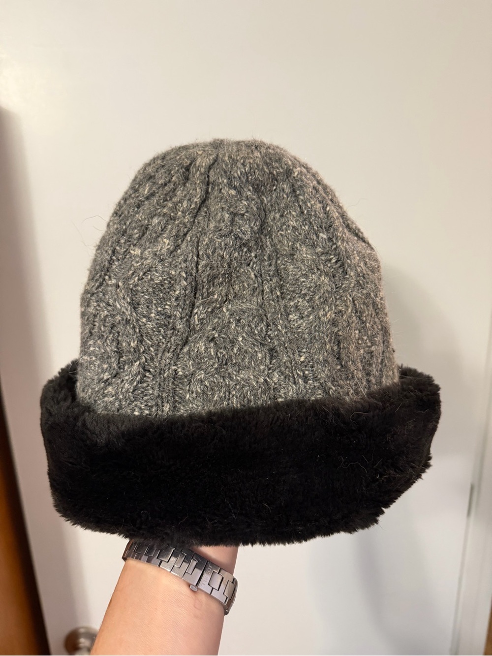 Gray Cable Knit Beanie with Black Faux Fur Cuff